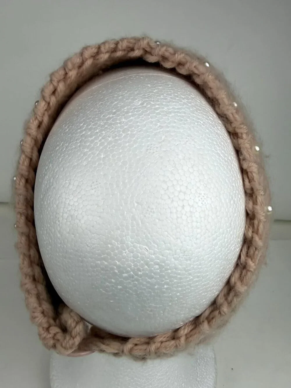 Handmade Knit Pearl Headband Blush Pink Winter Ear Warmer Button Closure